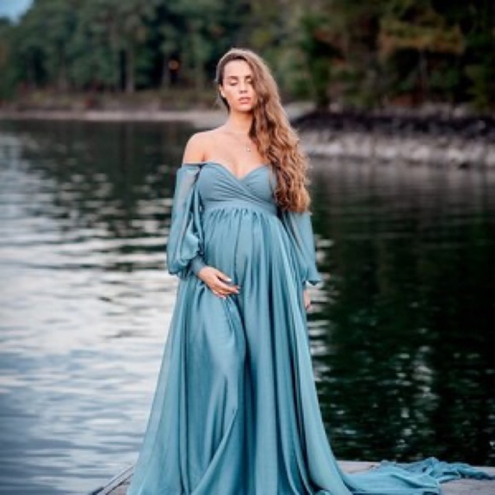 Ophellia Chiffon Full Circle Maternity Gown in Steel Blue